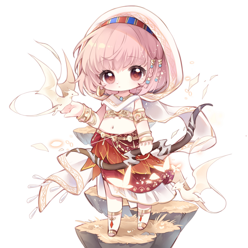 1girl absurdres anklet armlet bare_shoulders barefoot_sandals_(jewelry) beads belt blue_hairband border bow_(weapon) bracelet braid bug butterfly chibi chinese_commentary cloak closed_mouth commentary_request creature_on_hand crop_top dot_nose dragon earrings expressionless eyelashes floating_island full_body gold_anklet gold_armlet gold_belt gold_bracelet gold_earrings hair_beads hair_ornament hair_tubes hairband highres holding holding_bow_(weapon) holding_weapon hood hood_up hooded_cloak hoop_earrings infinity_nikki insect jewelry layered_skirt light_particles long_skirt midriff multicolored_hairband multiple_bracelets nikki_(nikki) nikki_(series) nuli_de_chengzhi_er pink_eyes pleated_skirt purifying_wind_(infinity_nikki) red_hairband red_skirt shirt side_braids simple_background skirt sleeveless sleeveless_shirt small_dragon solo standing tareme twin_braids two-tone_hairband variant_set weapon white_background white_cloak white_shirt white_skirt wind