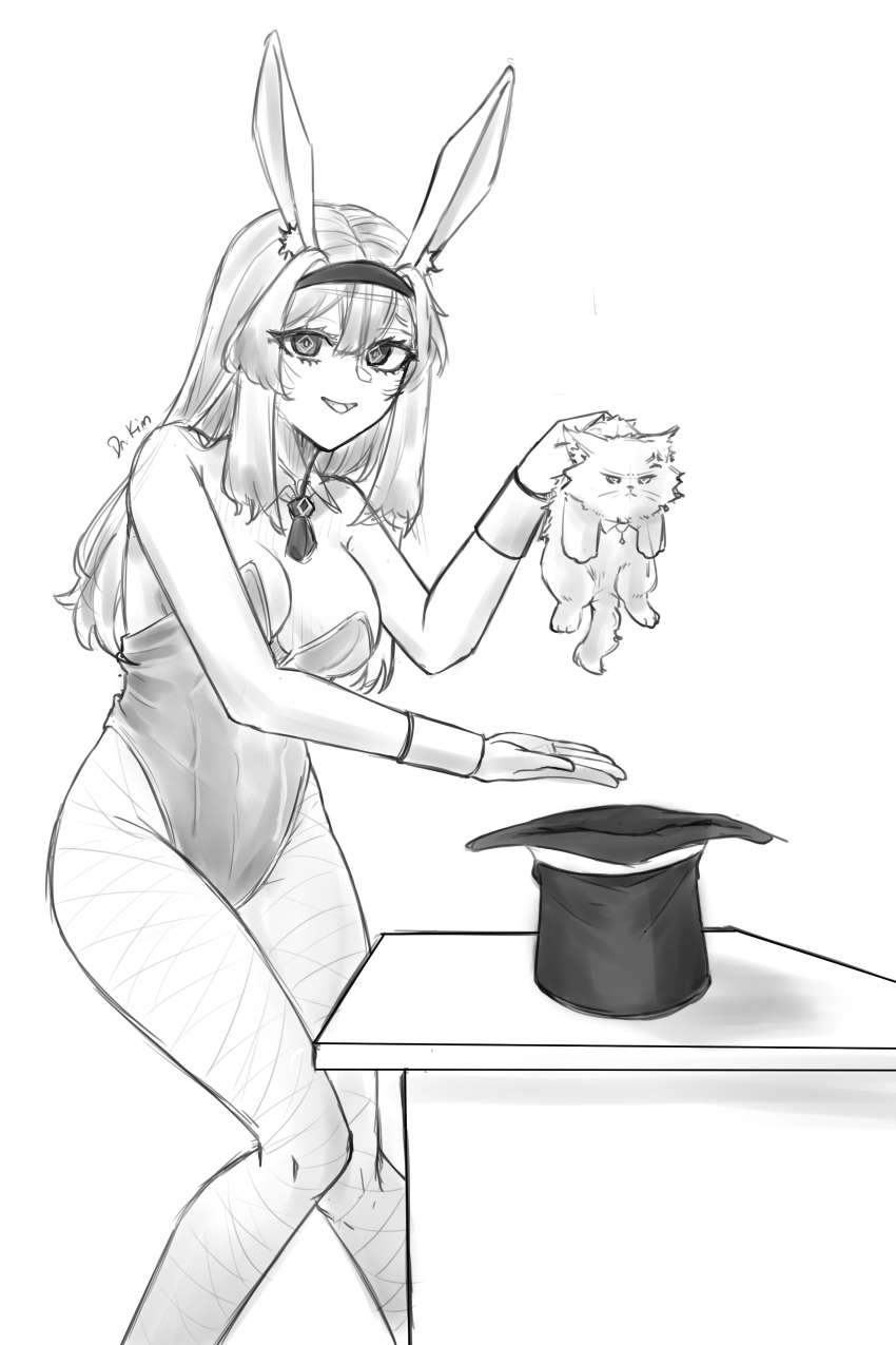 1girl absurdres anger_vein animal animal_ears arknights artist_name bare_shoulders breasts cardigan cat cleavage commentary detached_collar dr.kim english_commentary fake_animal_ears fishnets greyscale hair_ornament hairband hat highres holding long_hair monochrome open_mouth playboy_bunny priestess_(arknights) rabbit_ears simple_background table top_hat