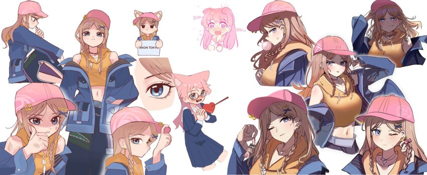 2girls animal_ear_fluff animal_ears anon_tokyo_(bang_dream!) ansy09080527 bang_dream! bang_dream!_it's_mygo!!!!! baseball_cap blue_eyes blue_serafuku blue_shirt blue_sky brown_hair chewing_gum chihaya_anon chinese_commentary closed_mouth commentary_request dirty dirty_face dog_ears dog_girl hair_ornament hairclip hat highres holding holding_sign kemonomimi_mode long_sleeves looking_at_viewer midriff multiple_girls nagasaki_soyo navel one_eye_closed pink_hair pleated_skirt school_uniform serafuku shirt sign skirt sky tongue tongue_out