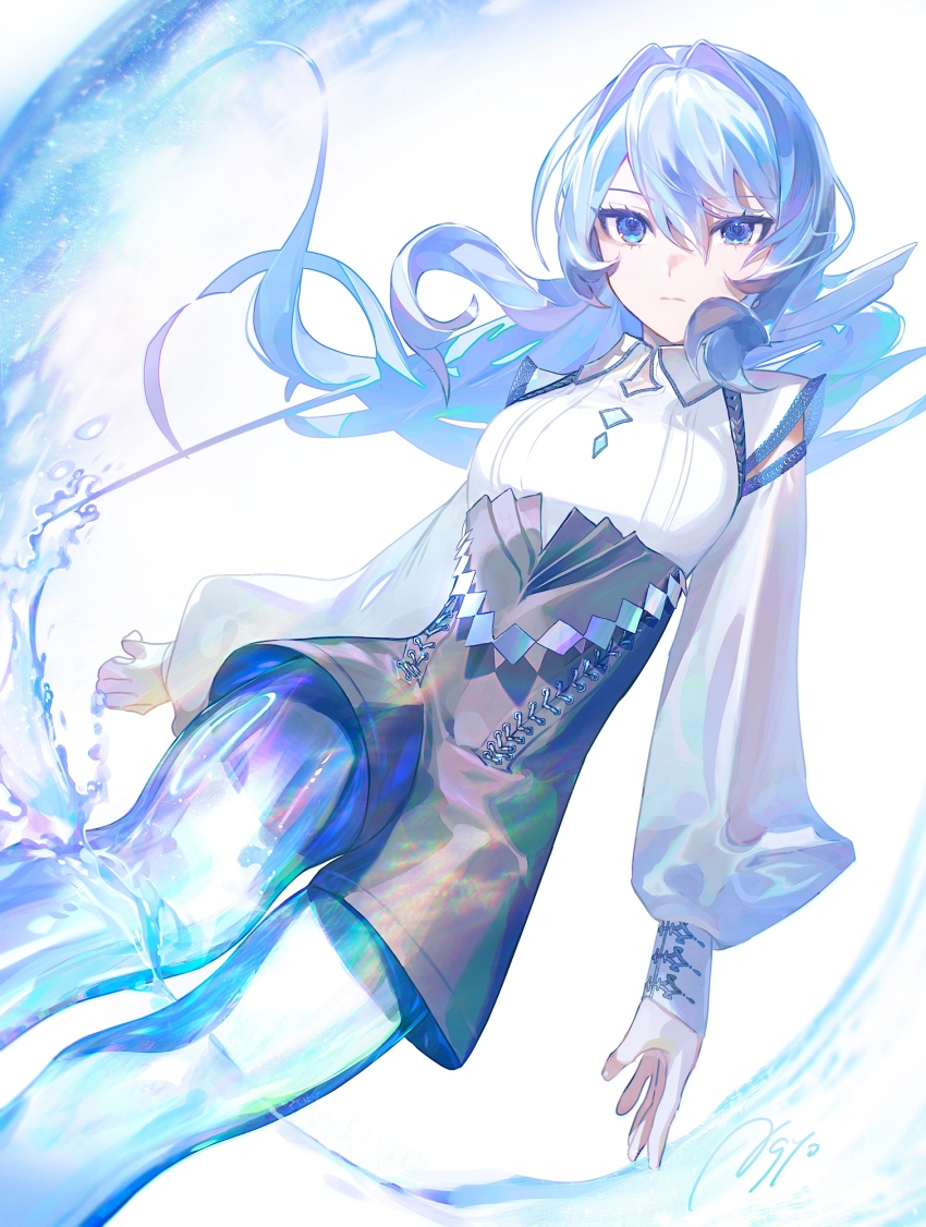 1girl above-cleavage_cutout agyou_sonokou_l arms_at_sides black_shorts blue_eyes blue_hair blue_theme clip_studio_paint_(medium) closed_mouth clothing_cutout collared_shirt commentary_request cowboy_shot double-parted_bangs dutch_angle expressionless flipped_sidelocks floating_hair hair_between_eyes hair_intakes high-waist_shorts highres liquid_body long_hair long_sleeves looking_at_viewer original prosthesis prosthetic_leg puffy_long_sleeves puffy_sleeves see-through_body shirt short_shorts shorts shoulder_cutout simple_background sleeve_cuffs solo uneven_eyes water white_background white_shirt