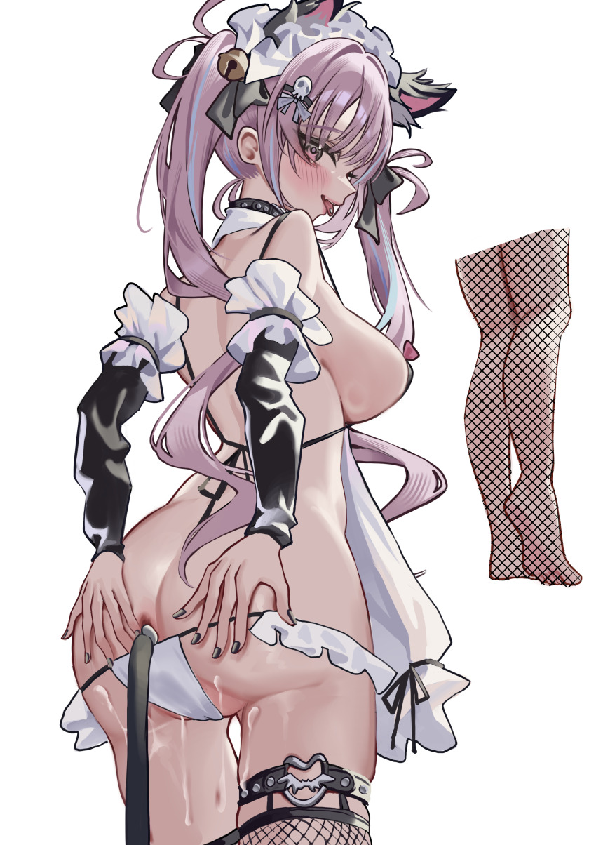 1girl absurdres anal anal_beads anal_object_insertion anal_tail animal_ears ass azur_lane bell black_nails blue_hair blue_streaks blush breasts butt_plug cameltoe cat_ears cat_tail commentary_request cum cum_on_ass cum_on_body fake_animal_ears fake_tail fang fishnet_thighhighs fishnets frilled_hairband frills from_behind grabbing_own_ass hair_bell hair_ornament hairband highres large_breasts long_hair looking_at_viewer m-chai multicolored_hair object_insertion official_alternate_costume panties pasadena_(azur_lane) pasadena_(surprising_game)_(azur_lane) piercing pink_eyes pink_hair simple_background skin_fang solo streaked_hair tail thighhighs tongue tongue_out tongue_piercing twintails underwear white_background white_panties