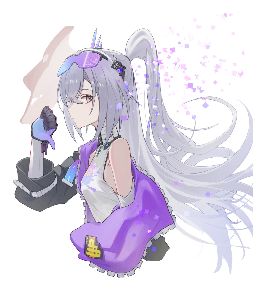 1girl breasts closed_mouth commentary_request cropped_torso elmo_(st_elmomomo) from_side goggles goggles_on_head gradient-tinted_eyewear grey_eyes grey_hair highres honkai:_star_rail honkai_(series) jacket long_hair long_sleeves sideways_glance silver_wolf_(elation)_(honkai:_star_rail) silver_wolf_(honkai:_star_rail) simple_background small_breasts solo thumbs_down tinted_eyewear very_long_hair white_background