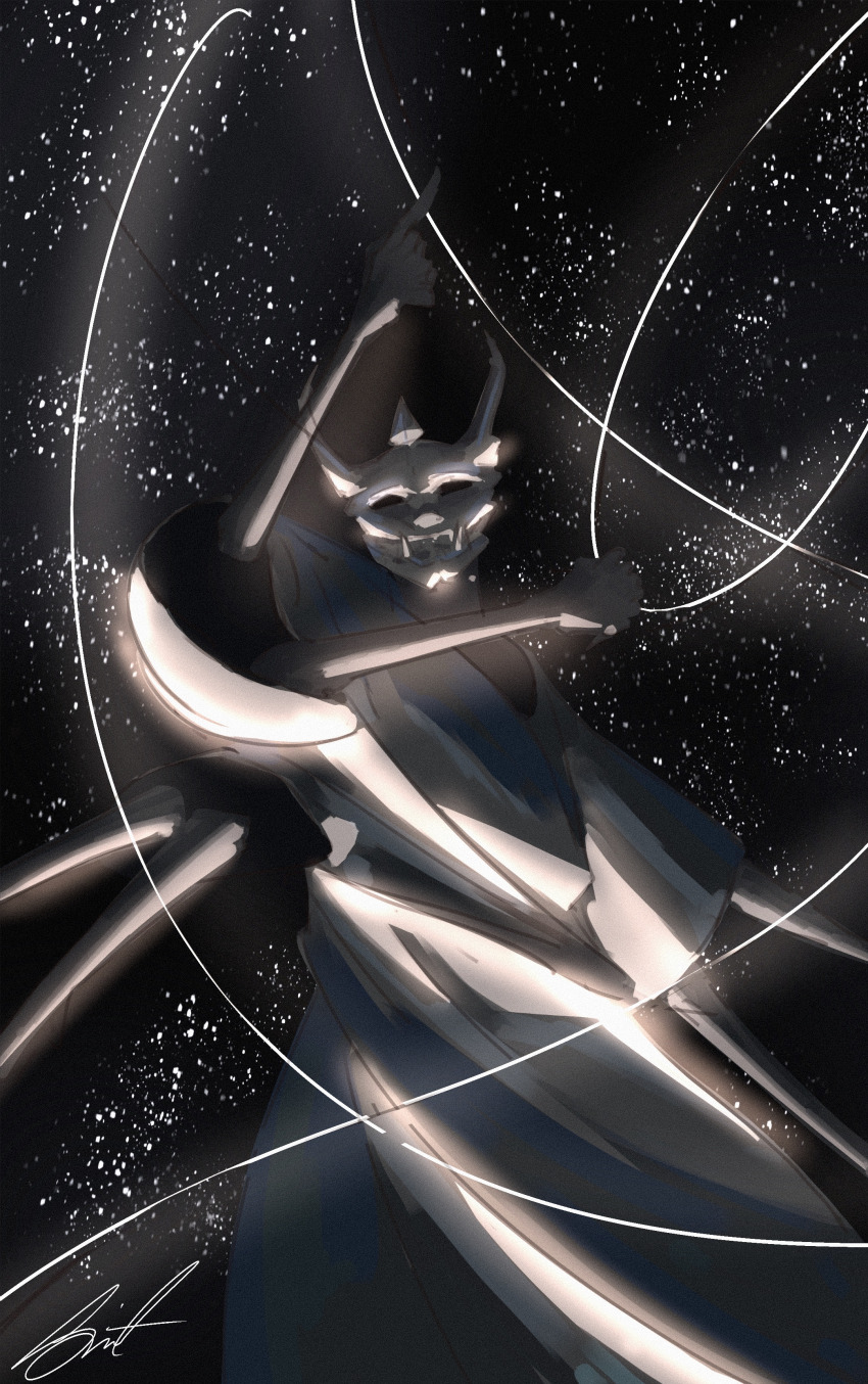 1other absurdres black_hair black_robe commentary cowboy_shot english_commentary extra_arms extra_digits greyscale hand_up head_tilt highres horns monochrome night other_focus pointing robe shadow_slave short_hair sky solo star_(sky) starry_sky string swift6000 underlighting weaver_(shadow_slave) wide_sleeves