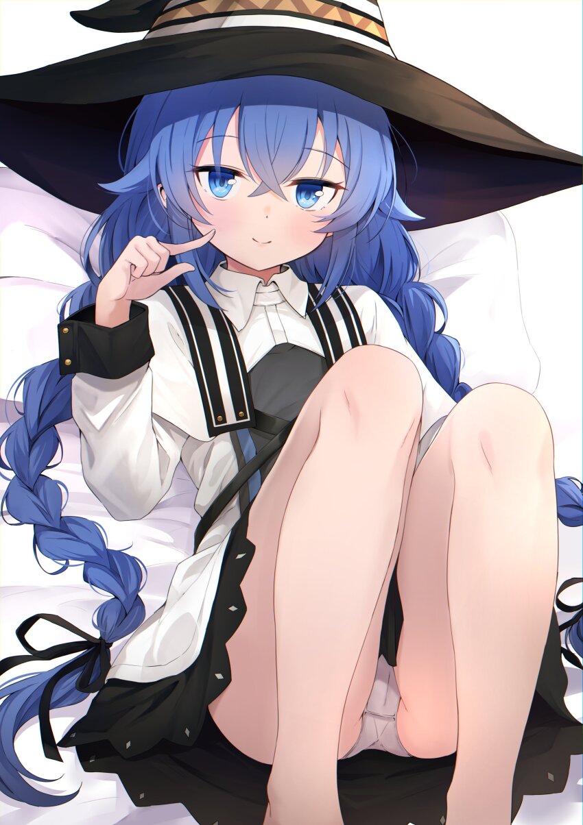 1girl absurdres black_bow blue_eyes blue_hair bow braid cameltoe closed_mouth finger_to_cheek hat highres long_hair looking_at_viewer mushoku_tensei nakatokung on_bed panties pantyshot roxy_migurdia smile solo twin_braids underwear white_background white_panties witch_hat