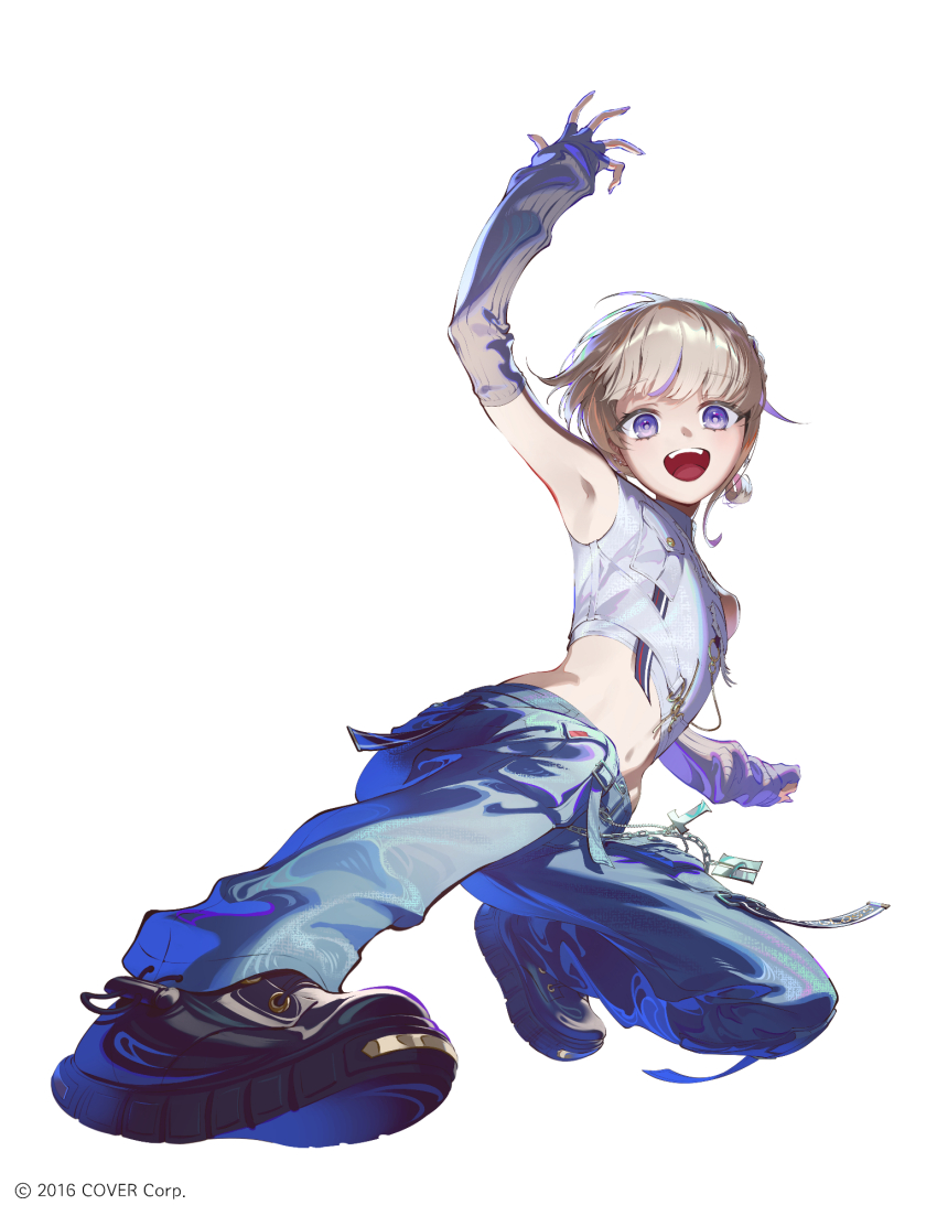 1girl :d arm_up armpits black_shoes blonde_hair blue_pants braid commentary_request copyright_notice cropped_shirt elbow_gloves fajyobore fingerless_gloves full_body gloves grey_arm_warmers grey_gloves hair_rings highres hololive hololive_dev_is looking_at_viewer midriff multicolored_hair navel official_alternate_costume official_alternate_hairstyle official_art open_mouth pants purple_eyes purple_hair shirt shoes short_hair simple_background single_hair_ring sleeveless sleeveless_shirt sliding smile solo streaked_hair teeth todoroki_hajime upper_teeth_only virtual_youtuber white_background white_shirt