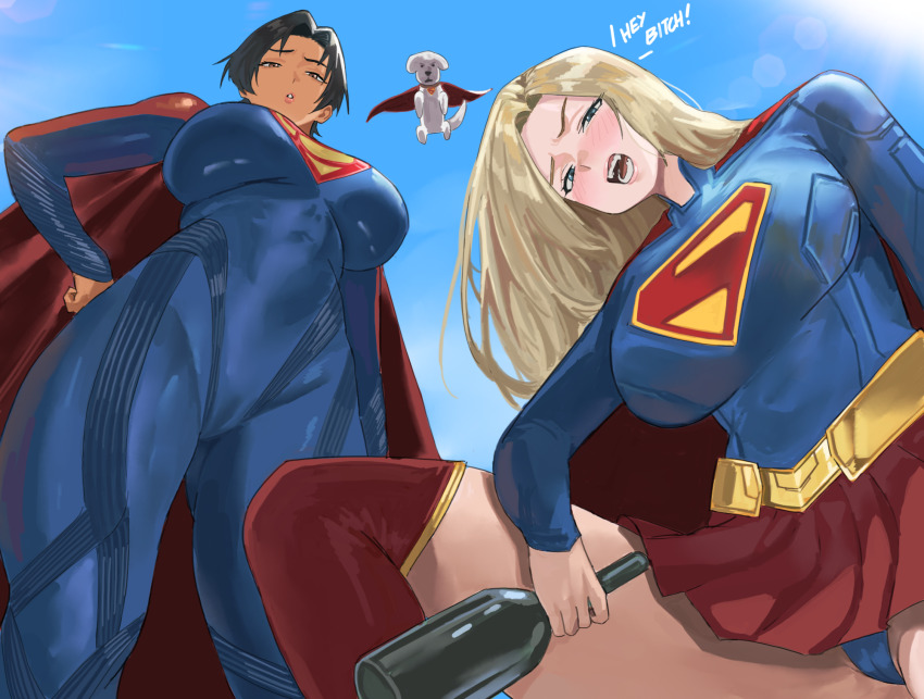 2girls alcohol belt black_hair blonde_hair blue_bodysuit blue_panties blue_sky bodysuit boots bottle breasts cape commentary dc_comics dc_extended_universe dc_universe_(franchise) dog english_commentary from_above highres krypto_the_superdog large_breasts leotard looking_at_viewer mugi_(mugit49) multiple_girls panties red_boots red_cape red_skirt skirt sky supergirl superhero_costume superman_(2025) superman_logo the_flash_(movie) underwear yellow_belt