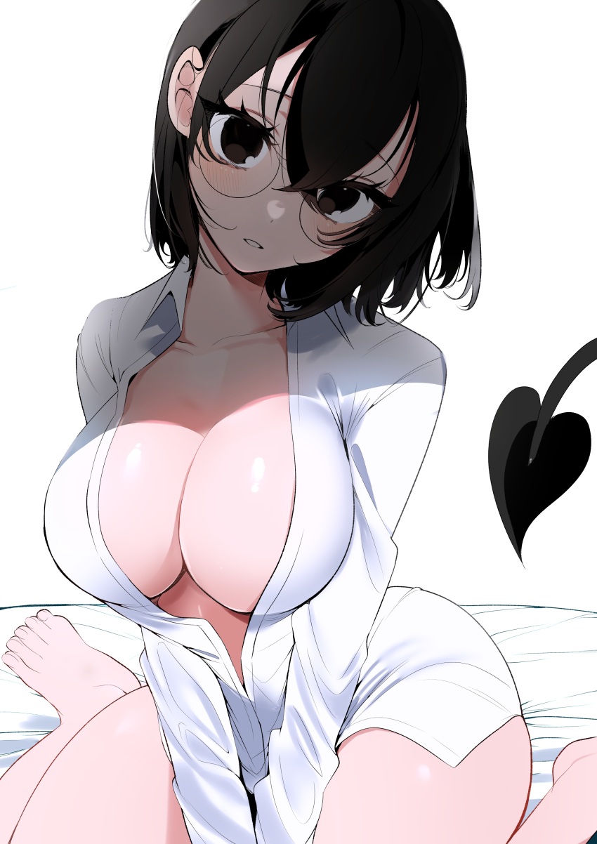 1girl absurdres barefoot black_eyes black_hair blush breasts character_request cleavage collarbone commentary_request crossed_bangs demon_tail dress_shirt eyelashes glasses hair_between_eyes highres koi_to_senrigan_to_aonisai large_breasts long_sleeves looking_at_viewer naked_shirt open_clothes open_shirt ouchi_kaeru parted_lips round_eyewear shirt short_hair simple_background sitting solo tail white_background white_shirt