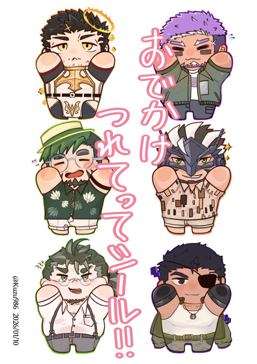 6+boys :< :d arms_up bara beard blush blush_stickers character_request chibi commentary_request dark-skinned_male dark_skin eyepatch facial_hair full_beard glasses goatee grin happy highres kuzu986 live_a_hero male_focus mature_male multiple_boys mustache_stubble open_mouth purple_hair shaft_(live_a_hero) short_hair smile smirk sparse_stubble standing stubble tabit_(live_a_hero) tadakono_okitaka_(live_a_hero) thick_eyebrows tilted_halo tilted_headwear tokyo_houkago_summoners wavy_mouth zabaniyya_(housamo)