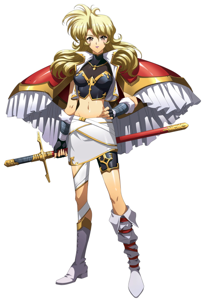 1girl armor asymmetrical_legwear bikini_armor black_choker black_gloves blonde_hair boots breasts brenda_(langrisser) brown_eyes choker crop_top fingerless_gloves floating_hair full_body gloves groin hand_on_own_hip highres holding holding_sheath knee_boots langrisser langrisser_mobile langrisser_v long_hair looking_at_viewer medium_breasts midriff miniskirt mole mole_under_eye navel official_art pauldrons purple_lips second-party_source sheath sheathed shoulder_armor skirt solo standing stomach sword transparent_background variant_set weapon white_boots white_skirt