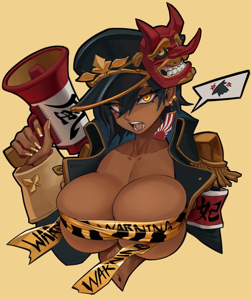 1girl absurdres armband black_hair black_hat black_jacket breasts bursting_breasts caution_tape cleavage commentary cropped_torso dark-skinned_female dark_skin eyebrows_hidden_by_hair glowing glowing_eyes hair_between_eyes hat highres holding holding_megaphone jacket large_breasts looking_at_viewer mask mask_on_head megaphone military_hat military_jacket nail_polish nezo oni_mask open_mouth original piercing red_armband short_hair simple_background solo speech_bubble teeth tongue_piercing yellow_background yellow_eyes