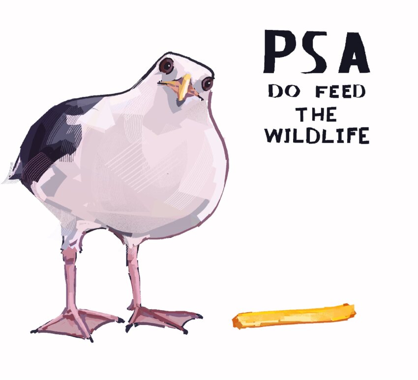 animal_focus bird commentary english_commentary english_text facing_viewer food french_fries head_tilt highres junbuug no_humans original painterly seagull standing