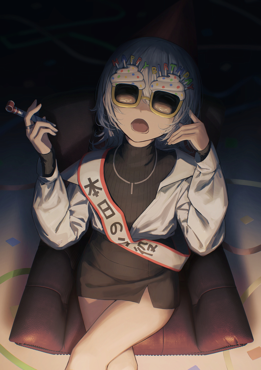 1girl absurdres birthday_glasses commentary_request dress happy_birthday highres holding jewelry long_hair long_sleeves looking_at_viewer lower_teeth_only open_mouth original puffy_sleeves ring sitting sleeveless sleeveless_dress solo teeth tokaki white_hair yellow-framed_eyewear