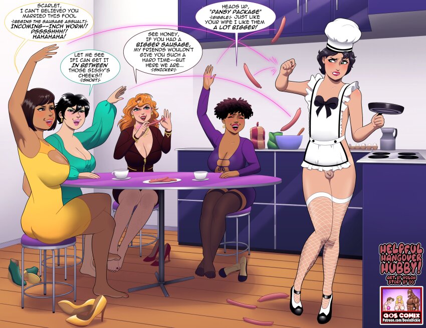 1boy 4girls absurdres apron artist_logo black_hair black_shoes breasts brown_hair chef_hat cleavage crossdressing crossdressing_(mtf) dark-skinned_female dark_skin devin_dickie english_text feminization fishnet_thighhighs fishnets food frying_pan hat high_heels highres holding holding_frying_pan indoors kitchen large_breasts logo multiple_girls original penis sausage shoes small_penis speech_bubble table testicles thighhighs white_apron white_hat