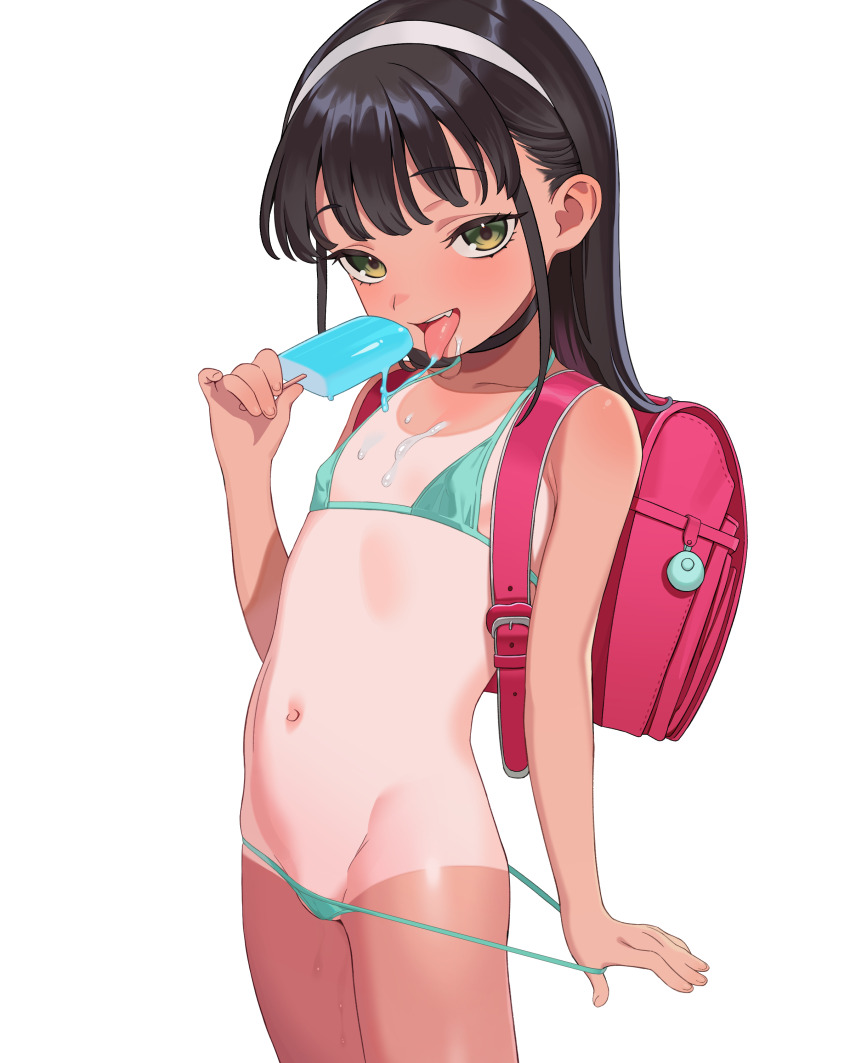 1girl absurdres backpack bag bikini black_hair blush clothes_pull commission eating flat_chest food groin hairband highres holding holding_food loli looking_at_viewer lowleg lowleg_bikini micro_bikini naughty_face navel one-piece_tan open_mouth original popsicle pulling_own_clothes randoseru saliva simple_background smile solo standing string_bikini swimsuit tan tanline teasing tongue tongue_out white_background white_hairband yan.c