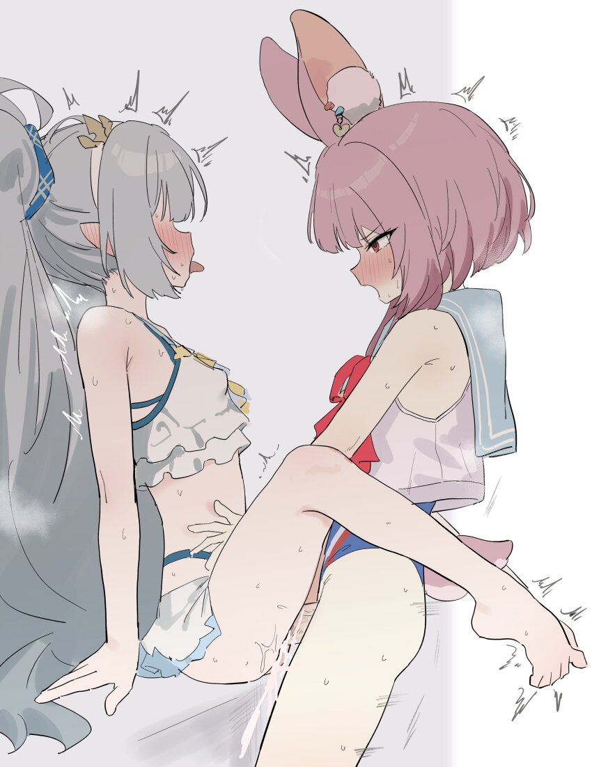 1futa 1girl absurdres animal_ear_fluff animal_ears bare_arms barefoot bikini blue_one-piece_swimsuit blush breasts clothed_sex cum cum_in_pussy cum_overflow erection feet female_tyrant_(stella_sora) female_tyrant_(swimsuit)_(stella_sora) femdom frilled_bikini frills from_side futa_with_female futanari grey_hair highres karin_(stella_sora) kodomo_doushi loli lolidom long_hair makura_u9b one-piece_swimsuit open_mouth penis pink_hair pointy_ears rabbit_ears rabbit_girl rabbit_tail red_eyes sex shirt sitting sleeveless sleeveless_shirt small_breasts stella_sora swimsuit tail tongue tongue_out tyrant_(stella_sora) vaginal very_long_hair white_bikini white_shirt