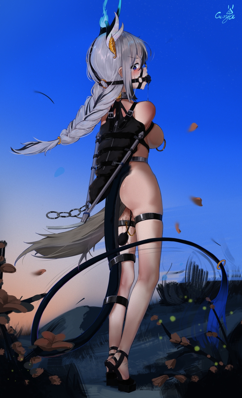 1girl absurdres anal_beads anal_tail armbinder arms_behind_back ball_gag bare_shoulders bdsm blue_sky bondage bound bound_arms breasts butt_plug commentary_request drooling fake_tail female_focus gag gag_harness gagged gcoya_(artist) grey_hair heart heart-shaped_pupils highres long_hair looking_at_viewer medium_breasts nipple_piercing original outdoors piercing pony_play purple_eyes pussy_juice restrained sex sex_from_behind sex_toy skindentation sky solo standing symbol-shaped_pupils tail thigh_strap walking wiffle_gag