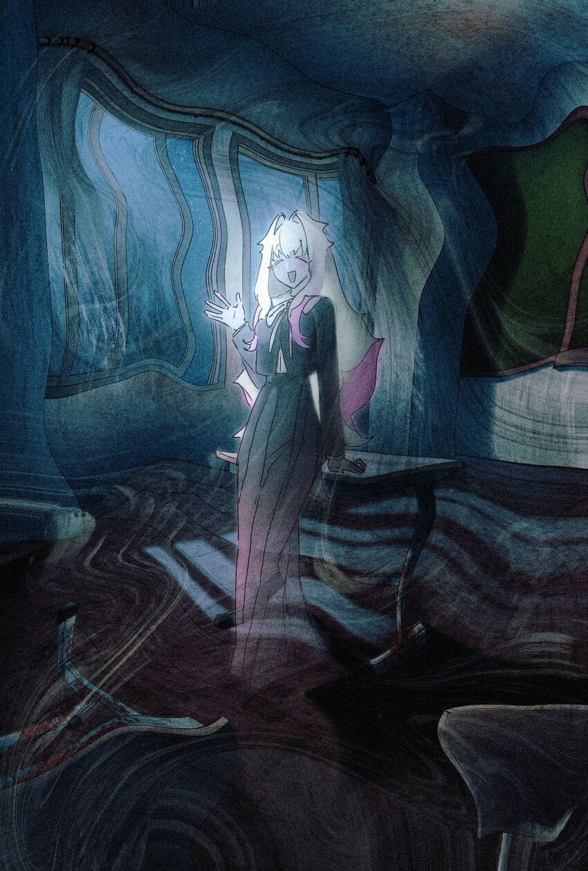 1girl black_shirt black_skirt blood blush chalkboard classroom closed_eyes desk distortion full_body ghost_girl hand_up highres indoors long_hair long_sleeves multicolored_hair open_mouth original pink_hair ribbon school_desk school_uniform shirt skirt solo standing two-tone_hair unholymilk very_long_hair white_hair white_ribbon window wooden_floor