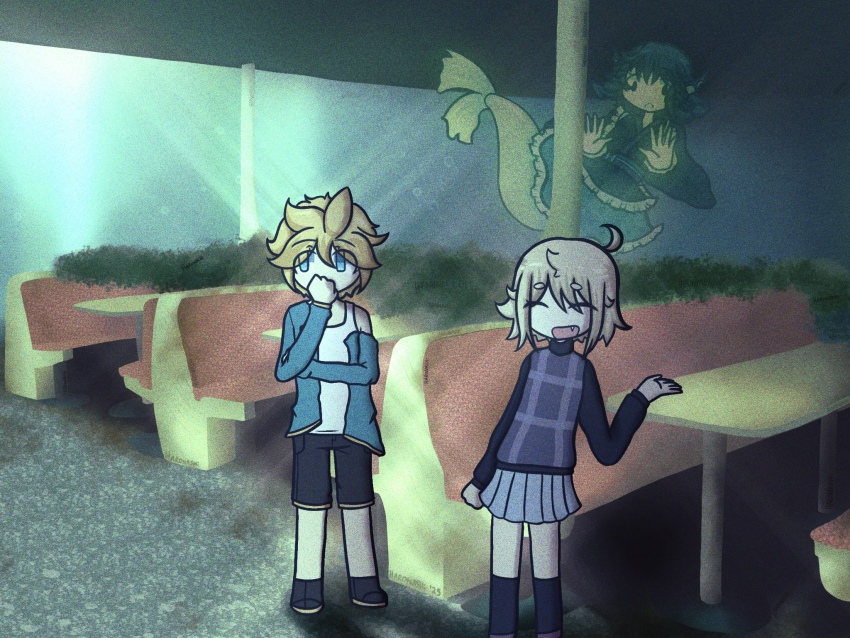 1boy 2girls blonde_hair cafe crossover curly_hair derivative_work film_grain haronashi highres kagamine_len liminal_space mermaid monster_girl multiple_crossover multiple_girls ocean purple_sweater_vest screenshot_redraw sweater_vest touhou underwater urotsuki vocaloid wakasagihime yume_2kki