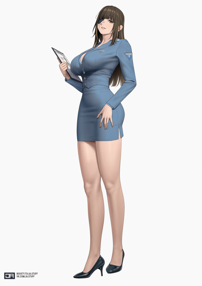 1girl absurdres artist_logo bare_legs black_shoes blonde_hair blue_jacket blue_skirt boosty_username breasts brown_eyes brown_hair clipboard command_&amp;_conquer command_&amp;_conquer:_red_alert command_&amp;_conquer:_red_alert_3 commentary cosplay english_commentary eva_mckenna eva_mckenna_(cosplay) full_body girls&#039;_frontline grey_background high_heels highres holding holding_clipboard invisible_floor j_adsen jacket large_breasts logo looking_at_viewer m16a1_(girls&#039;_frontline) mixed-language_commentary multicolored_hair russian_commentary scar scar_across_eye scar_on_face shoes simple_background skirt smile solo standing streaked_hair textless_version vk_username white_mouth