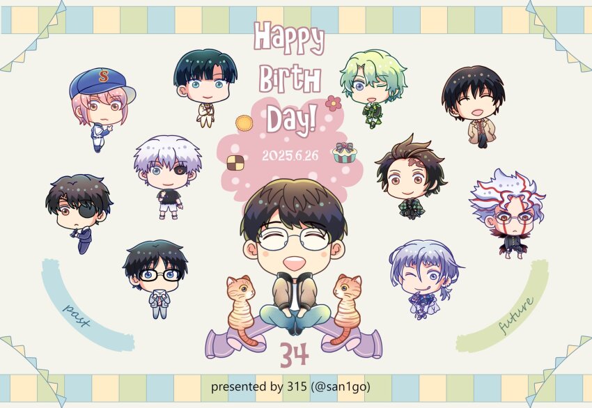 6+boys baseball_cap baseball_uniform black-framed_eyewear black_hair blue_eyes bow brown_eyes brown_hair cat character_request checkered_haori chess_piece chibi closed_eyes closed_mouth commentary_request cookie copyright_name dandadan eyepatch food glasses green_hair grey_eyes hanae_natsuki hands_in_pockets haori happy_birthday hat highres holding holding_chess_piece japanese_clothes kamado_tanjirou kami_high_school_uniform kaneki_ken kimetsu_no_yaiba multicolored_hair multiple_boys one_eye_closed pink_hat red_hair san1go scar scar_on_face scar_on_forehead school_uniform sitting smile sportswear striped_bow takakura_ken_(dandadan) takakura_ken_(transformed)_(dandadan) tokyo_ghoul tongue tongue_out two-tone_hair voice_actor voice_actor_connection white_hair