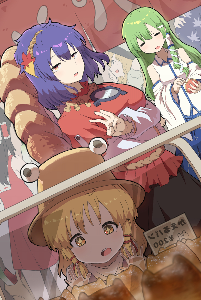 absurdres bare_shoulders black_hair black_skirt blonde_hair blue_skirt closed_mouth commentary_request detached_sleeves frog_hair_ornament green_hair hair_ornament hair_tubes hakurei_reimu highres holding holding_wallet kasuokasuto kirisame_marisa kochiya_sanae long_hair long_sleeves medium_hair moriya_suwako parted_lips purple_hair pyonta red_shirt shirt single_hair_tube skirt sleeveless sleeveless_shirt snake_hair_ornament star-shaped_pupils star_(symbol) sweatdrop symbol-shaped_pupils teeth touhou upper_teeth_only wallet white_shirt yasaka_kanako yellow_eyes