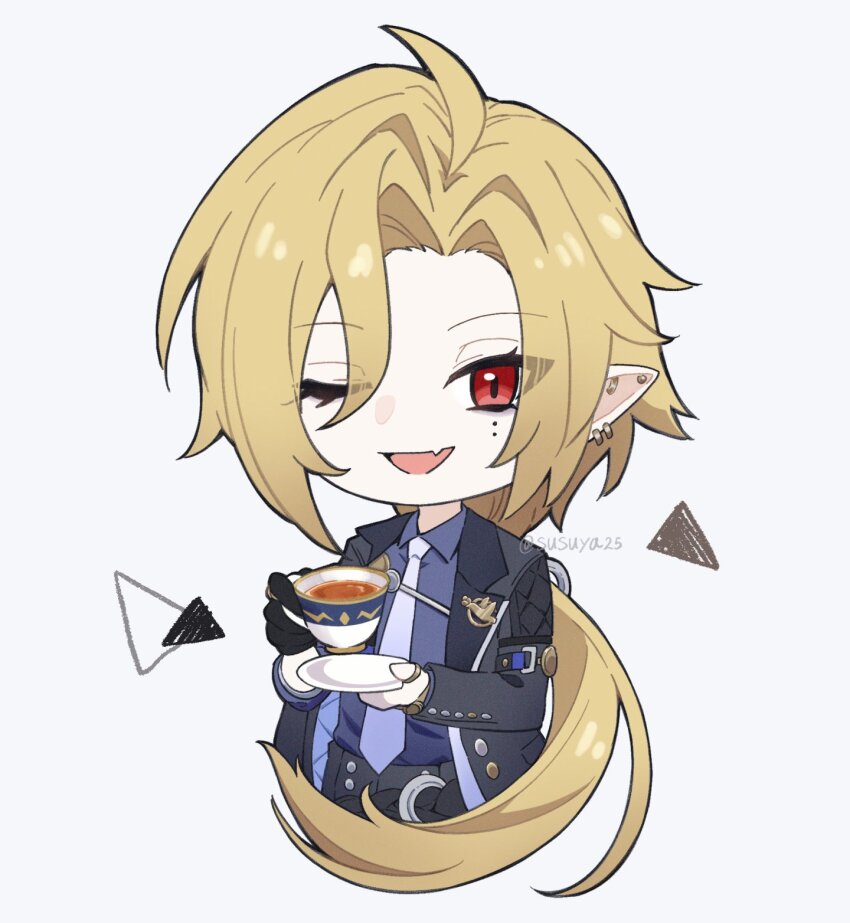 1boy ;d ahoge arm_out_of_sleeve artist_name belt black_belt black_gloves black_jacket black_pants blonde_hair bracelet chibi collared_shirt commentary_request cup ear_piercing fang floating_hair gloves gold_ring gradient_necktie hair_intakes highres holding holding_cup holding_saucer hugo_vlad jacket jewelry lapel_pin lapels long_hair long_sleeves looking_at_viewer low_ponytail male_focus mole mole_under_eye multiple_rings necktie one_eye_closed open_clothes open_jacket open_mouth pants parted_bangs piercing ponytail purple_necktie purple_shirt red_eyes ring saucer shirt shirt_tucked_in simple_background single_glove skin_fang sleeves_rolled_up smile solo susukeya tea teacup twitter_username very_long_hair white_background white_necktie wing_collar zenless_zone_zero