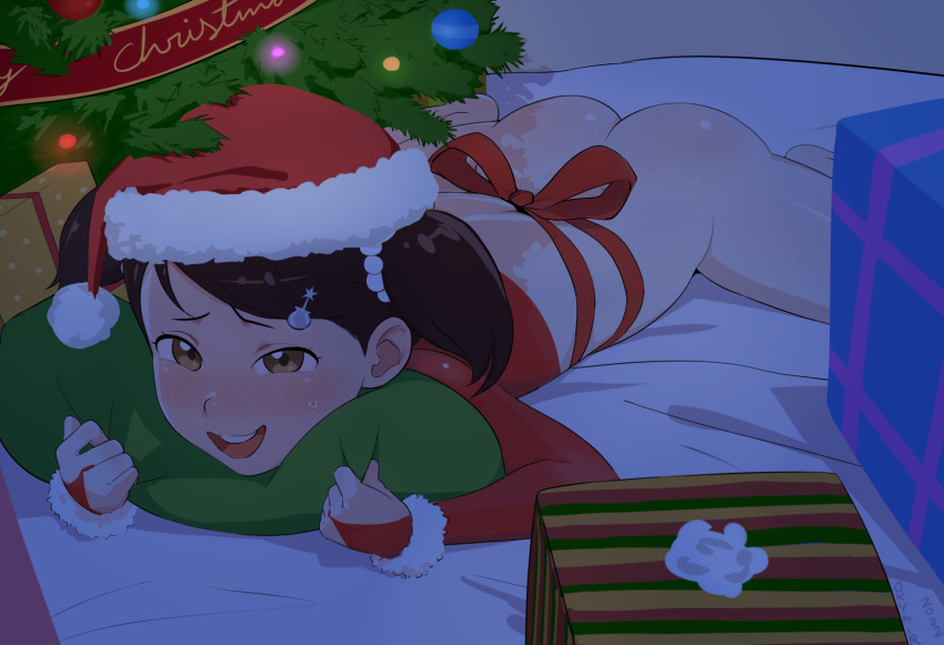 1girl :d ass becky_blackbell black_hair blanket blush bottomless box brown_eyes christmas christmas_tree female_focus gift gift_box hair_ornament hat highres lace loli looking_at_viewer lying okymir on_stomach open_mouth pillow ribbon santa_costume santa_hat smile solo spy_x_family twintails