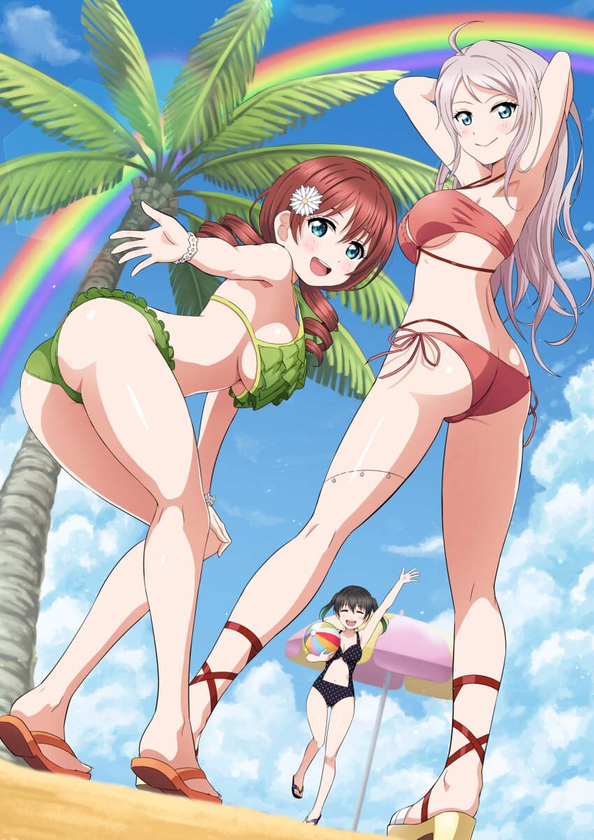 3girls absurdres ahoge arms_behind_head ball beachball bikini black_hair black_one-piece_swimsuit blue_eyes blue_sky blush bracelet breasts brown_hair casual_one-piece_swimsuit closed_eyes closed_mouth cloud commentary_request commission emma_verde emma_verde_(kujibikido_swimsuit) flower flower_bracelet green_bikini grey_hair hair_flower hair_ornament highres holding holding_ball holding_beachball jewelry large_breasts long_hair looking_at_viewer love_live! love_live!_nijigasaki_high_school_idol_club medium_breasts mia_taylor multiple_girls navel one-piece_swimsuit open_mouth outdoors palm_tree pokemoa rainbow red_bikini sandals skeb_commission sky smile stomach swimsuit takasaki_yu tree umbrella