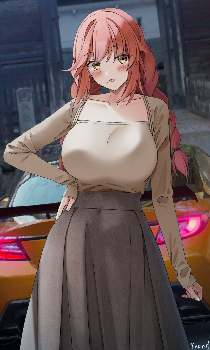 1girl arai_sakura_(rc_f) artist_name blush borrowed_character braid breasts brown_eyes brown_shirt brown_skirt car collarbone hair_between_eyes hand_on_own_hip high-waist_skirt highres keenh large_breasts leather leather_skirt long_hair long_skirt long_sleeves looking_at_viewer mole mole_under_mouth motor_vehicle open_mouth orange_car original red_hair shirt skirt solo standing swept_bangs toyota toyota_86 twin_braids