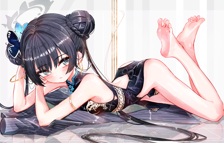 1girl a1u absurdres back_cutout barefoot black_dress black_hair blue_archive braid breasts bun_with_braided_base butterfly_hair_ornament china_dress chinese_clothes closed_mouth clothing_cutout coat double_bun dragon_print dress earrings feet feet_up grey_coat grey_eyes grey_halo hair_bun hair_ornament halo highres jewelry kisaki_(blue_archive) long_hair looking_at_viewer lying on_stomach print_dress revision small_breasts soles solo striped_coat the_pose toes twintails unworn_coat vertical-striped_coat