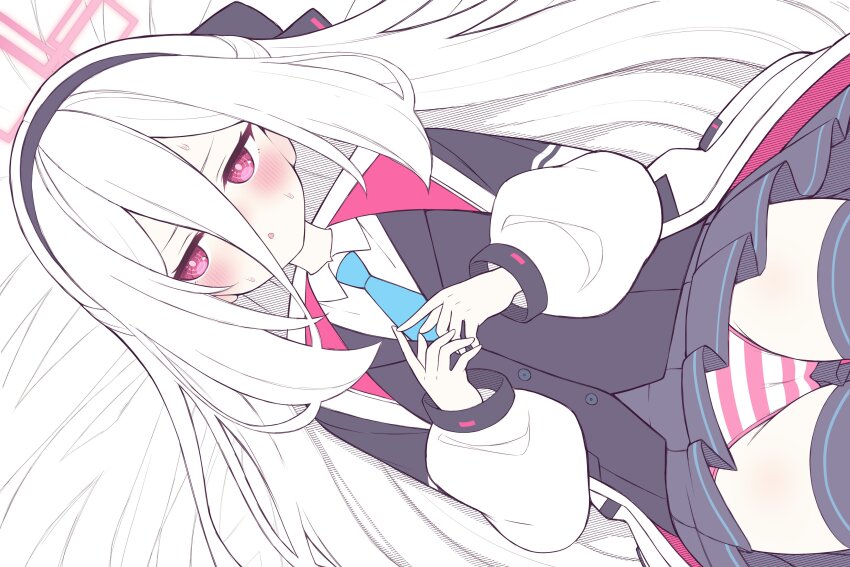 1girl absurdres averting_eyes bed_sheet black_hairband black_jacket black_skirt black_thighhighs black_vest blue_archive blue_necktie blush collared_shirt commentary_request hair_between_eyes hairband halo highres jacket kei_(blue_archive) kei_(new_body)_(blue_archive) long_hair long_sleeves lying necktie on_back open_clothes open_jacket panties parted_lips pink_eyes pink_halo pleated_skirt puffy_long_sleeves puffy_sleeves red_eyes sasakura_momiji shirt skirt solo striped_clothes striped_panties sweat thigh_gap thighhighs underwear very_long_hair vest white_hair white_jacket white_shirt