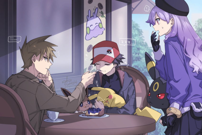 1girl 2boys 88_(einnimnech) baseball_cap beret black_fur black_gloves black_hair black_jacket black_shirt black_skirt blue_oak brown_eyes brown_hair brown_jacket closed_eyes closed_mouth colored_sclera commentary_request cup eevee feeding food gen_1_pokemon gen_2_pokemon gloves hat highres holding holding_pokemon jacket mega_ring multiple_boys nintendo open_clothes open_jacket original partially_fingerless_gloves pikachu pleated_skirt pokemon pokemon_(creature) pokemon_legends:_z-a purple_eyes purple_hair purple_sweater red_(pokemon) red_eyes red_sclera saucer shirt short_hair sitting skirt speech_bubble spiked_hair spoon sweater table umbreon
