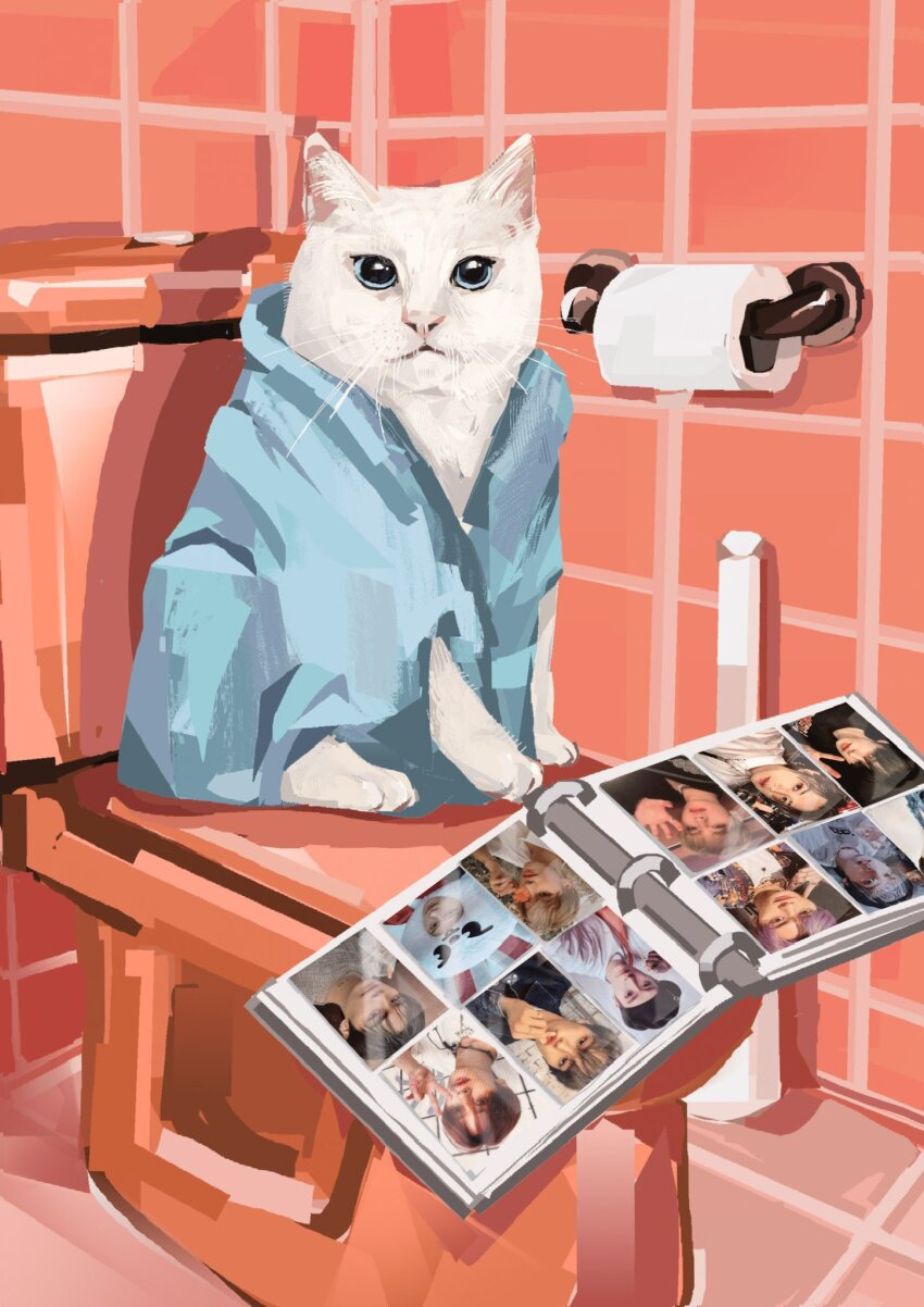 animal_focus bathroom blue_robe book cat commentary commission english_commentary full_body highres junbuug looking_at_viewer on_toilet open_book original photo_inset robe sitting toilet toilet_paper white_cat
