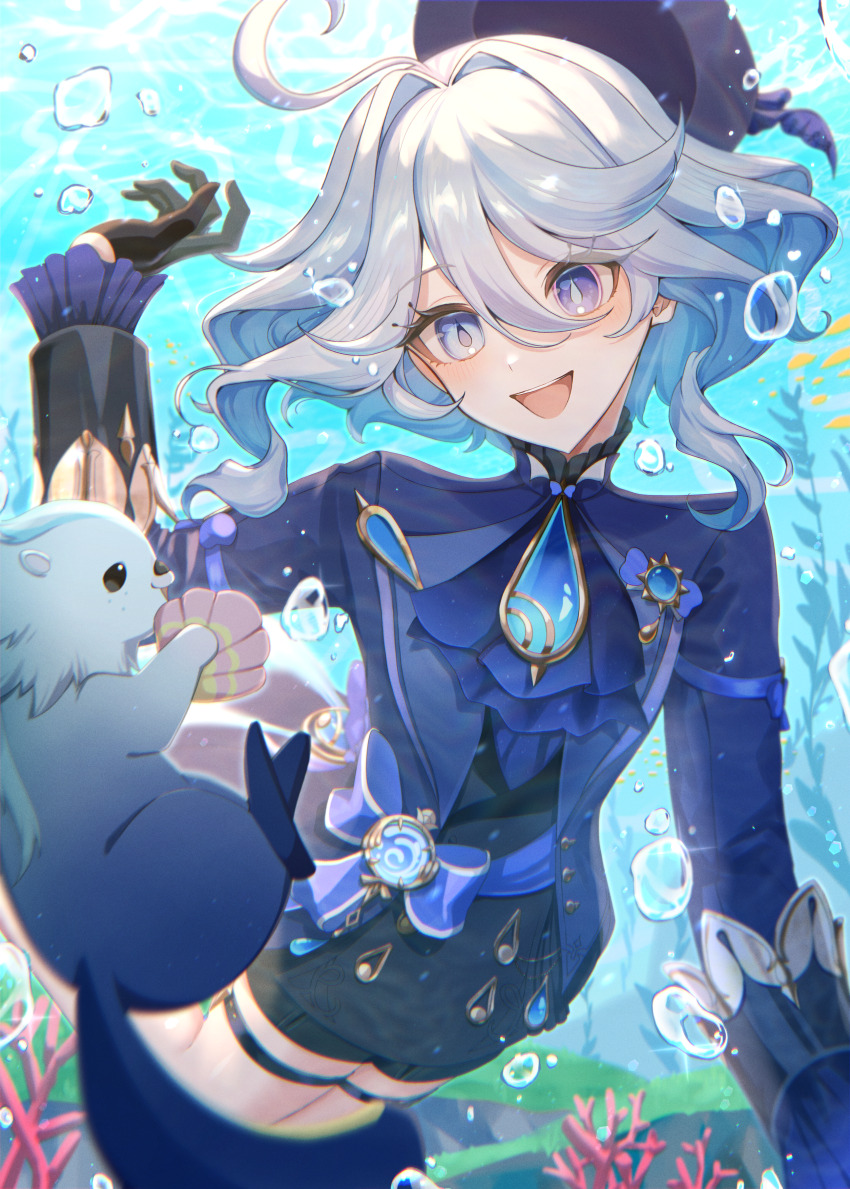 1girl absurdres ahoge aqua_eyes ascot asymmetrical_gloves black_shorts blue_ascot blue_eyes blue_hair breasts commentary_request coral drop-shaped_pupils eyelash_ornament frills furina_(genshin_impact) genshin_impact gloves hanamoti_monawa hand_up hat heterochromia highres hydro_symbol_(genshin_impact) mismatched_gloves multicolored_hair open_mouth otter ouji_fashion short_shorts shorts sitting small_breasts smile symbol-shaped_pupils thigh_strap thighs top_hat two-tone_hair underwater vision_(genshin_impact) wavy_hair white_hair