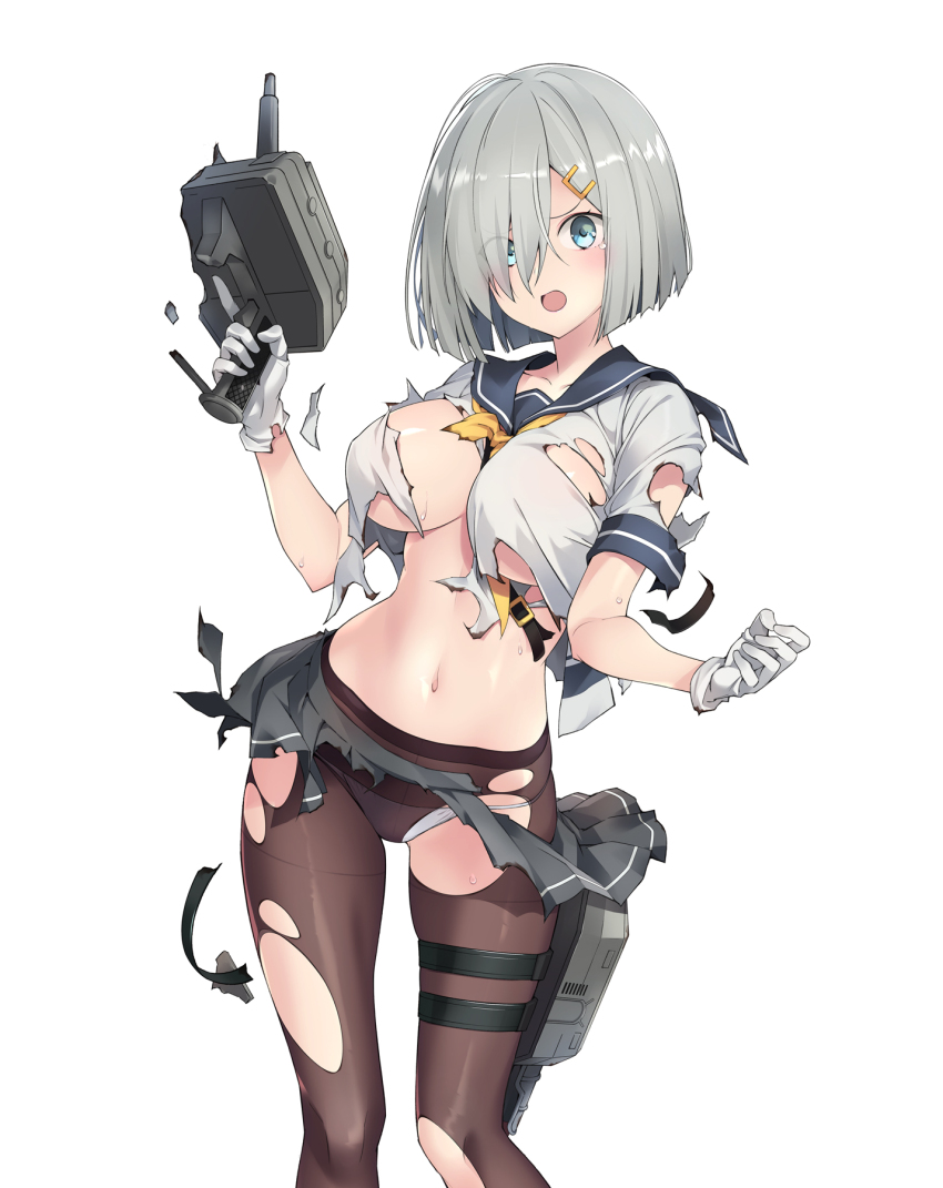 1girl adapted_turret black_pantyhose blue_eyes blush breasts burnt_clothes commentary_request gloves grey_hair hair_ornament hair_over_one_eye hairclip hamakaze_(kancolle) highres kantai_collection large_breasts looking_at_viewer navel neckerchief open_mouth panties panties_under_pantyhose pantyhose pleated_skirt sakana_(flame_sakana) school_uniform serafuku short_hair short_sleeves skirt solo torn_clothes torn_pantyhose torpedo_launcher torpedo_tubes underwear white_background white_gloves