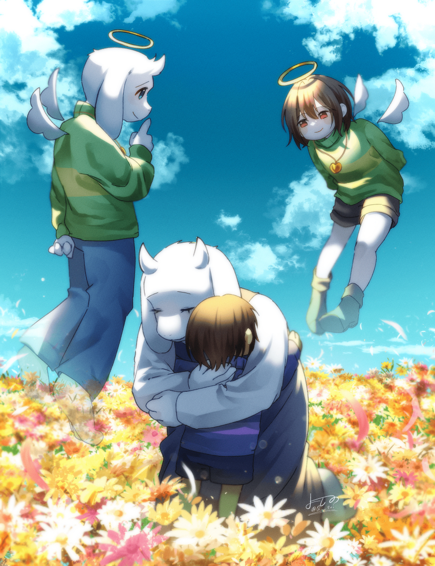 1boy 1girl 2others absurdres angel_wings asriel_dreemurr asriel_dreemurr_(god_of_hyperdeath) blue_eyes blue_pants blue_sweater brown_eyes chara_(undertale) cloud cloudy_sky field finger_to_mouth flower flower_field frisk_(undertale) goat_boy goat_girl green_sweater halo highres hug multiple_others pants purple_vest shushing sky smile sweater toriel undertale utdr_(toby_fox) vest white_sleeves wings yoshino_(q_sci)