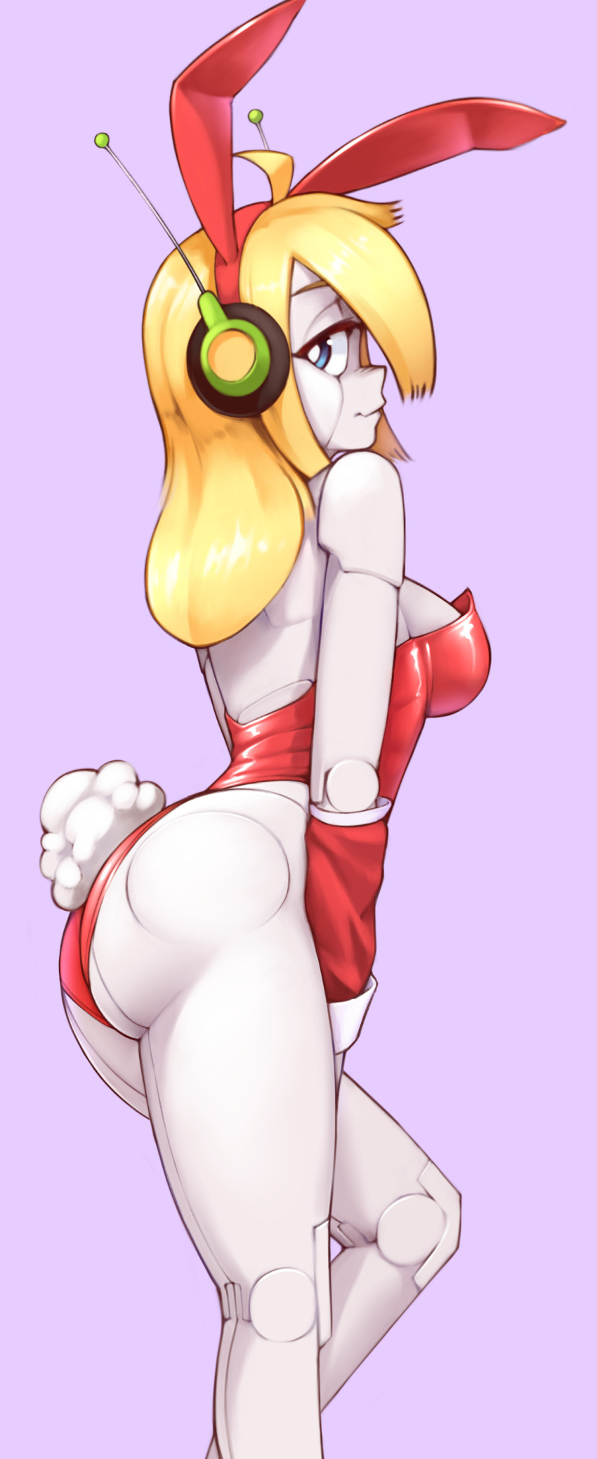 2020 ass bad_tag blonde_hair breasts bunny_girl curly_brace doukutsu_monogatari female female_focus half-closed_eyes highres huge_ass looking_back nickleflick playboy_bunny rabbit_ears rabbit_tail robot robot_girl simple_background wamudraws