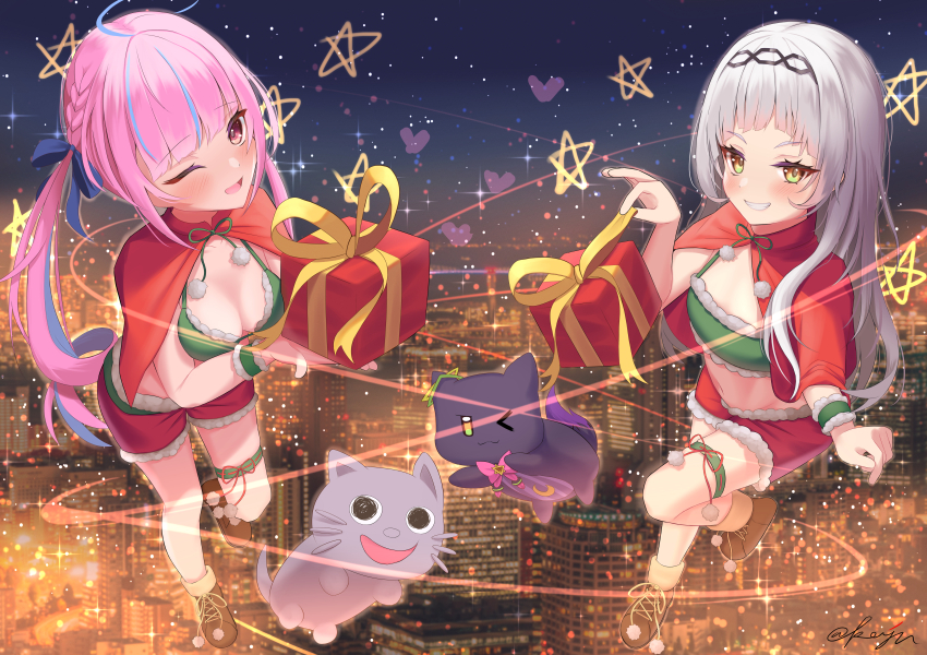 2girls absurdres alternate_costume bikini blue_bow blue_streaks blush bow breasts brown_shoes capelet christmas_present cleavage closed_mouth commentary_request fur-trimmed_jacket fur-trimmed_shorts fur_trim gift green_bikini green_shirt grey_hair hair_bow highres holding holding_gift hololive jacket kaju_paint long_hair looking_at_viewer medium_breasts minato_aqua multiple_girls murasaki_shion neko_(minato_aqua) one_eye_closed open_mouth pink_hair purple_eyes red_capelet red_shorts red_skirt shiokko_(murasaki_shion) shirt shoes short_eyebrows shorts sidelocks skirt small_breasts smile swimsuit thigh_strap twintails very_long_hair virtual_youtuber yellow_eyes