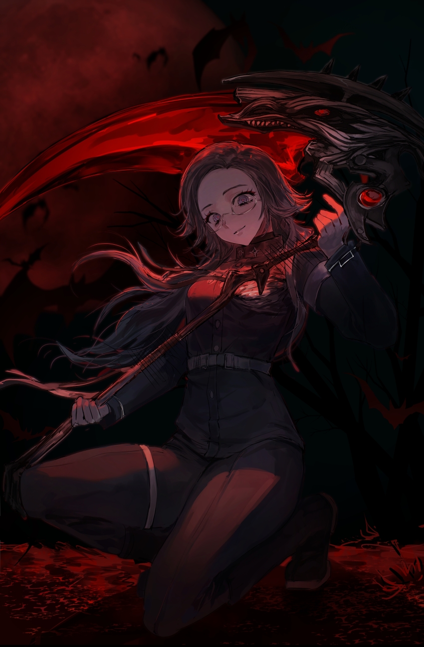 1girl absurdres aotsuki_eito armband artist_request black_boots black_jacket black_pants boots breasts chinese_commentary commentary_request commission eyeshadow gakuran genderswap genderswap_(mtf) glasses gloves grey_eyes grey_hair highres holding holding_scythe jacket last_defense_academy_school_uniform long_hair looking_at_viewer makeup medium_breasts pants red_eyeshadow red_pupils school_uniform scythe second-party_source smile solo squatting the_hundred_line_-last_defense_academy- white_armband white_gloves