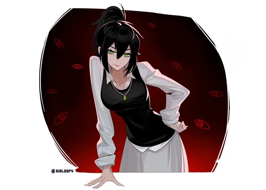 1girl absurdres aierlaobo annoyed arm_support backlighting black_hair black_sweater_vest border breasts buttons closed_mouth collared_shirt commentary cowboy_shot double-parted_bangs english_commentary frown gem green_eyes green_gem grey_skirt hair_between_eyes half-closed_eyes hand_on_own_hip high_ponytail highres jewelry jitome leaning_forward lips long_sleeves mature_female medium_breasts necklace outside_border ponytail puffy_long_sleeves puffy_sleeves red_background renee_graves round_border shirt sidelocks simple_background skirt solo standing sweater_vest the_coffin_of_andy_and_leyley twitter_username v-shaped_eyebrows white_border white_shirt