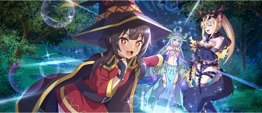 +_+ 3girls :3 animal_costume animal_ear_fluff animal_ears aqua_(konosuba) arabian_clothes bare_shoulders belt black_cape black_collar black_hat blonde_hair blue_eyes blue_hair blue_thighhighs breast_tattoo breasts broken broken_chain brown_hair cape chain circlet cleavage clenched_hand closed_eyes cloud collar crossed_arms cuffs dancer darkness_(konosuba) dress excited fingerless_gloves game_cg gloves glowing hair_rings hand_up hat high_ponytail highres kono_subarashii_sekai_ni_shukufuku_wo! konosuba!_fantastic_days lens_flare light_rays long_hair looking_at_viewer medium_breasts megumin multiple_girls navel night official_art open_mouth outdoors pelvic_curtain pointing ponytail red_dress red_eyes shackles short_hair_with_long_locks single_hair_ring sky smile sparkle star_(sky) starry_sky stomach tail tattoo thigh_belt thigh_strap thighhighs third-party_source tree wide_brim witch_hat wolf_costume wolf_ears wolf_tail