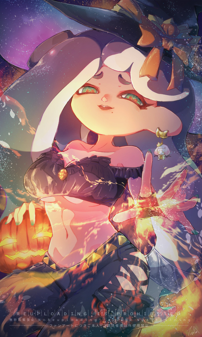 1girl absurdres alternate_skin_color bare_shoulders breasts cephalopod_eyes character_ear_piercing crop_top cross-shaped_pupils fingernails fire green_eyes green_nails halloween_costume hand_up highres inkling jack-o'-lantern long_hair magic marina_(splatoon) multicolored_hair nail_polish nintendo octoling orange_pupils parted_lips pearl_(splatoon) pyrokinesis splatoon_(series) symbol-shaped_pupils tako_marushka tentacle_hair witch
