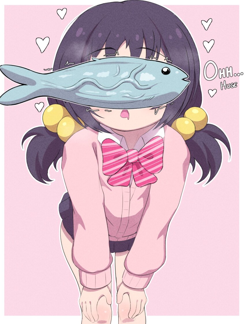 1girl age_difference bad_tag black_hair border breath doregene english_text fish hair_ornament highres kaai_yuki legs loli pink_background pink_sweater school_uniform sexually_suggestive short_twintails skirt solo standing sweater thighs twintails veins vocaloid white_border zako_(vocaloid)