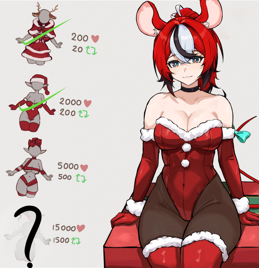 1girl absurdres alternate_costume arm_support black_choker black_streaks blue_bow blue_eyes blush bodystocking bow box breasts choker cleavage covered_navel dress fur-trimmed_gloves fur-trimmed_leotard fur-trimmed_thighhighs fur_trim gift gift_box gloves hakos_baelz highres hololive hololive_english leotard like_and_retweet long_hair medium_breasts mouse_girl mouse_tail multicolored_hair ponytail red_dress red_hair sitting solo streaked_hair tail tail_bow tail_ornament thighhighs ttsyrene virtual_youtuber white_streaks