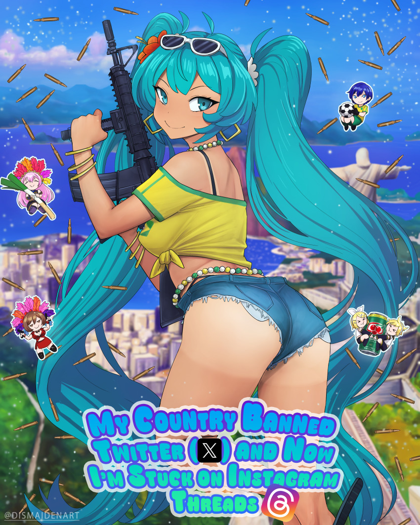 2boys 4girls absurdres aqua_eyes aqua_hair artist_name ass ass_focus assault_rifle ball bead_choker beads bikini bikini_under_clothes black_bikini blonde_hair blue_hair blue_shorts blue_sky bracelet brazil brazilian_flag brazilian_flag_print brazilian_miku brazilian_twitter_ban brown_hair bullet can chibi christ_the_redeemer city cloud commentary denim denim_shorts dismaiden earrings english_commentary english_text exposed_pocket eyewear_on_head flag_print flip-flops flower food from_behind gold_bracelet gold_earrings guarana_antarctica gun hair_flower hair_ornament hatsune_miku highres holding holding_can holding_food holding_gun holding_spring_onion holding_vegetable holding_weapon jesus jewelry kagamine_len kagamine_rin kaito_(vocaloid) long_hair m4_carbine megurine_luka meiko_(vocaloid) micro_shorts multiple_boys multiple_bracelets multiple_girls patreon_logo patreon_username pink_hair rifle rio_de_janeiro river sandals shirt shorts shorts_tan sky smile soccer_ball soccer_uniform sportswear spring_onion standing sunglasses swimsuit tan tanline the_bible threads_logo tied_shirt twintails twitter_x_logo vegetable very_long_hair vocaloid water weapon worldwide_miku