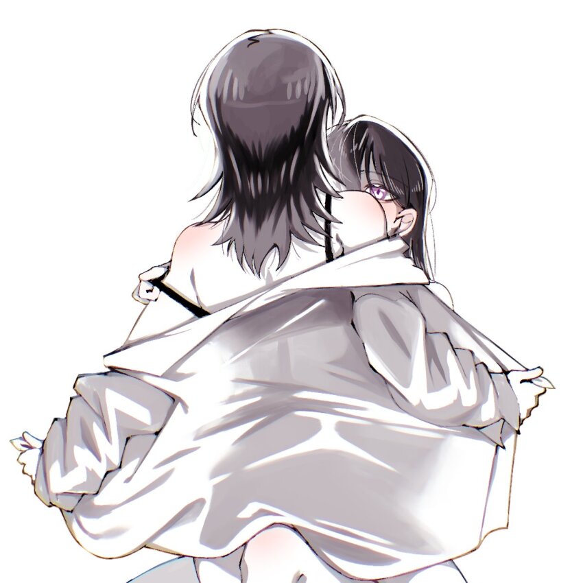 2girls bang_dream! bang_dream!_it's_mygo!!!!! black_bra bra bra_pull brown_hair clothes_pull doki_(oox3o) highres long_hair multiple_girls purple_eyes shiina_taki shirt simple_background strap_slip underwear undressing white_background white_shirt yahata_umiri yuri