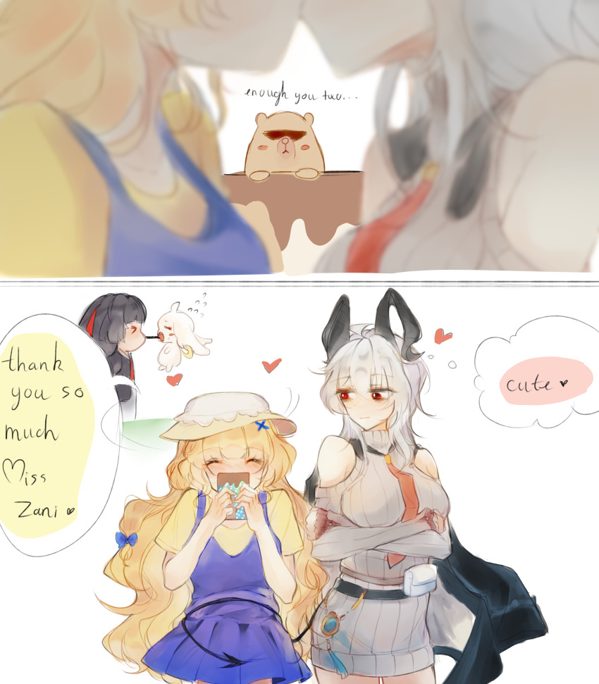 >_< 2girls 3girls abby_(wuthering_waves) absurdres bare_shoulders black_horns black_jacket black_tail blonde_hair blue_dress breasts chisa_(wuthering_waves) closed_eyes clothing_cutout commentary crossed_arms curled_horns demon_tail dress english_text flying_sweatdrops grey_dress grey_hair hair_between_eyes hair_ornament happy hat heart highres horns jacket jacket_on_shoulders large_breasts long_hair looking_at_another medium_breasts mikori multiple_girls official_alternate_costume phoebe_(wuthering_waves) red_eyes shirt shoulder_cutout sweater sweater_dress tail white_hat wuthering_waves x_hair_ornament yellow_shirt yuri zani_(downtown_repose)_(wuthering_waves) zani_(wuthering_waves)