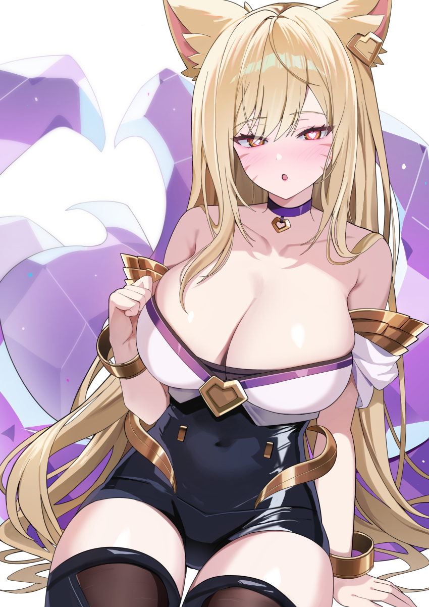 1girl :o absurdres ahri_(league_of_legends) animal_ear_fluff animal_ears arm_support bare_shoulders black_thighhighs blonde_hair blush bracelet breasts choker cleavage collarbone commentary covered_navel dress english_commentary facial_mark fox_ears fox_girl gold gold_bracelet hair_between_eyes hair_ornament hand_up heart heart-shaped_pupils heart_choker heart_hair_ornament highres jewelry k/da_(league_of_legends) k/da_ahri large_breasts league_of_legends light_particles long_hair looking_at_viewer multiple_tails off-shoulder_dress off_shoulder official_alternate_hair_color open_mouth pelicana purple_choker sidelocks simple_background sitting sleeveless sleeveless_dress solo strapless strapless_dress symbol-shaped_pupils tail thighhighs thighs very_long_hair whisker_markings white_background yellow_eyes