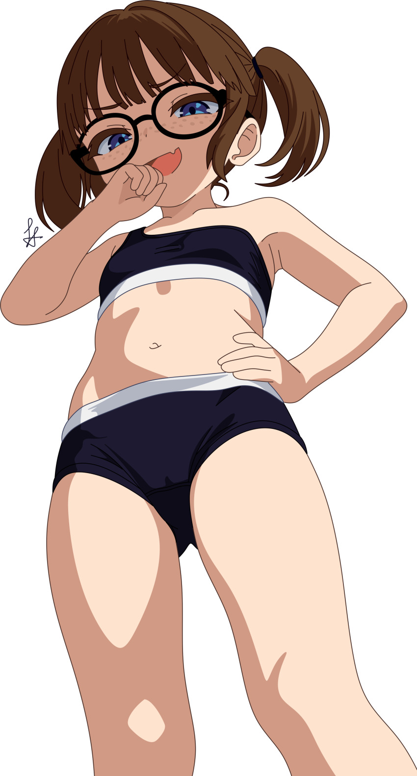 1girl absurdres armpits blue_eyes boyshort_panties bra brown_hair fang female_focus freckles glasses hand_on_own_hip helmet highres hikari_(artist) legs loli mesugaki navel original panties short_twintails skin_fang smile solo standing stomach thighs twintails underwear white_background