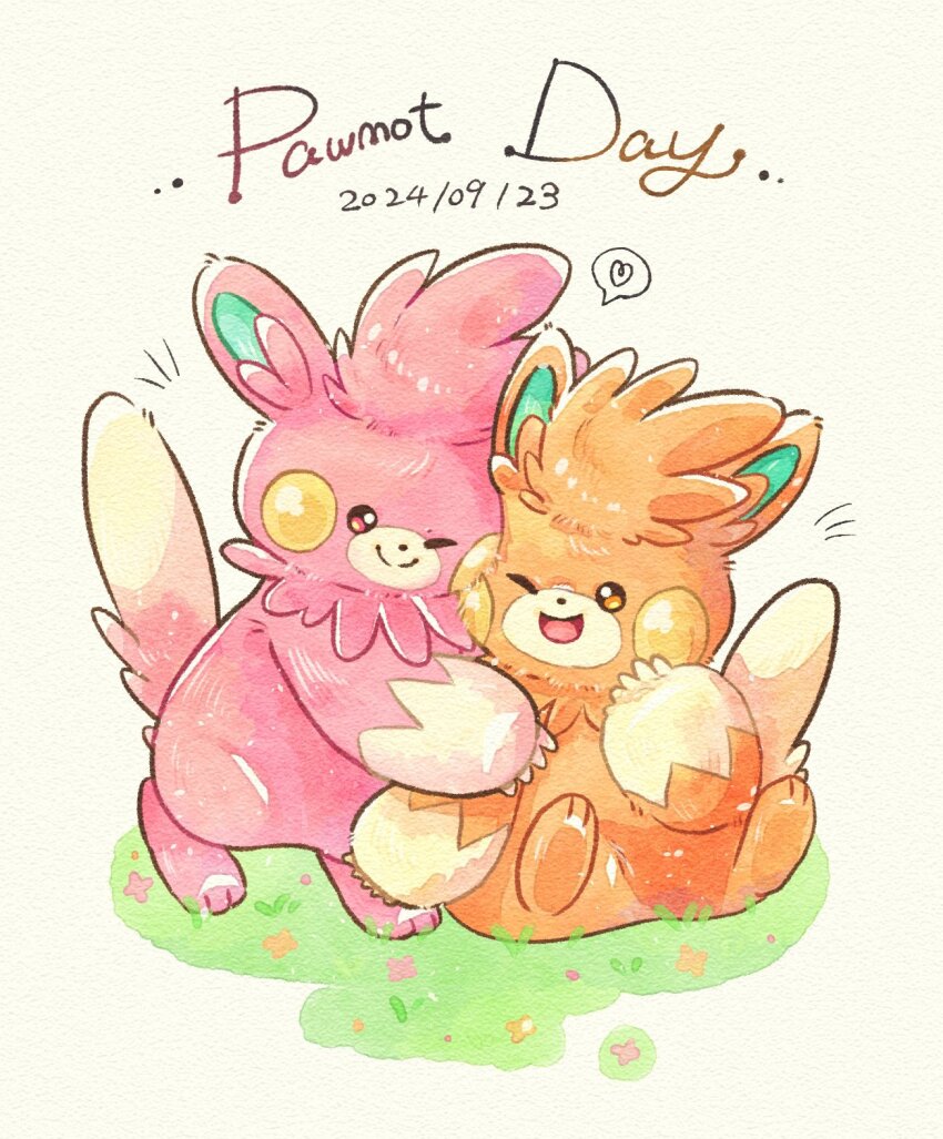 :d alternate_color brown_eyes commentary dated full_body highres hug looking_at_another miketoevecan nintendo no_humans one_eye_closed open_mouth orange_fur pawmot pink_fur pokemon pokemon_(creature) pokemon_focus shiny_and_normal shiny_pokemon simple_background sitting smile solo standing symbol-only_commentary white_background yellow_fur